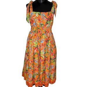 Lands End Tropical Sundress Floral Midi Lined Sleeveless Orange Green Small 6-8